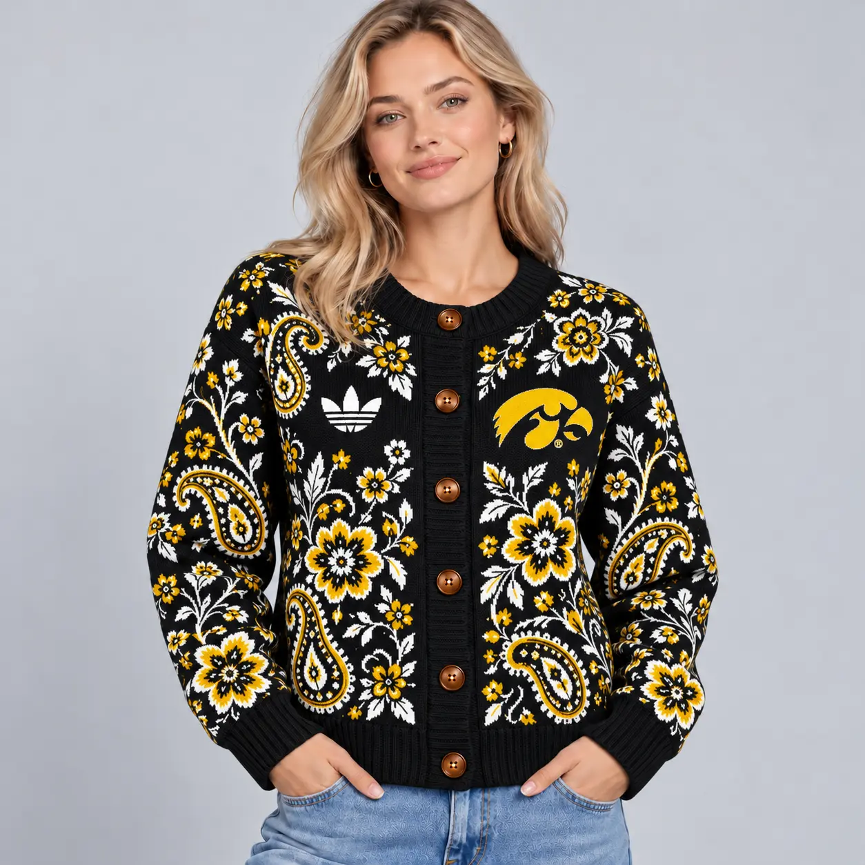 Iowa Hawkeyes | Premium NCAA Women's Classic Paisley Floral Jacquard Button Up Knit Cardigan Sweater NDN