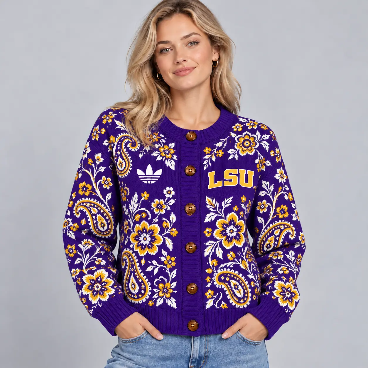 Lsu Tigers | Premium NCAA Women's Classic Paisley Floral Jacquard Button Up Knit Cardigan Sweater NDN