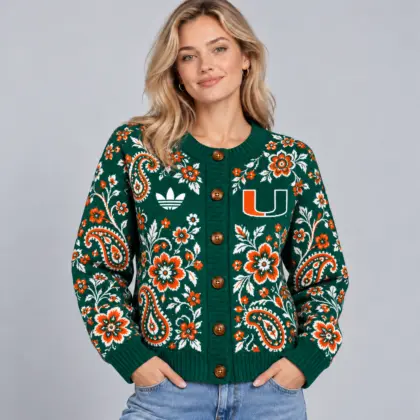 Miami Hurricanes | Premium NCAA Women's Classic Paisley Floral Jacquard Button Up Knit Cardigan Sweater NDN