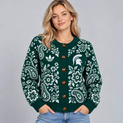 Michigan State Spartans | Premium NCAA Women's Classic Paisley Floral Jacquard Button Up Knit Cardigan Sweater NDN