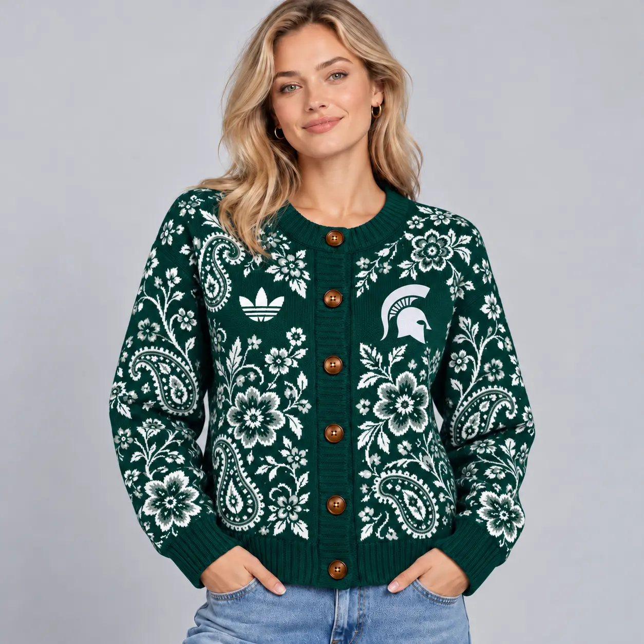 Michigan State Spartans | Premium NCAA Women's Classic Paisley Floral Jacquard Button Up Knit Cardigan Sweater NDN