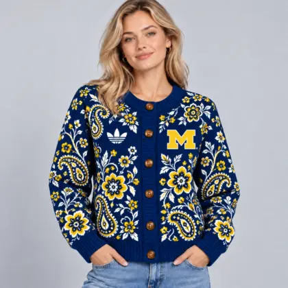 Michigan Wolverines | Premium NCAA Women's Classic Paisley Floral Jacquard Button Up Knit Cardigan Sweater NDN