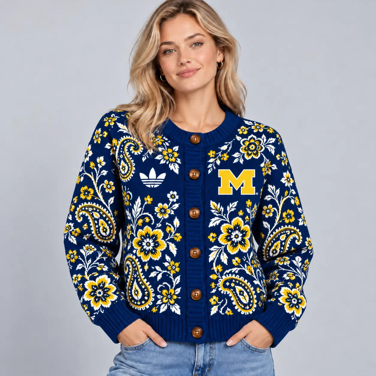 Michigan Wolverines | Premium NCAA Women's Classic Paisley Floral Jacquard Button Up Knit Cardigan Sweater NDN