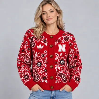 Nebraska Cornhuskers | Premium NCAA Women's Classic Paisley Floral Jacquard Button Up Knit Cardigan Sweater NDN