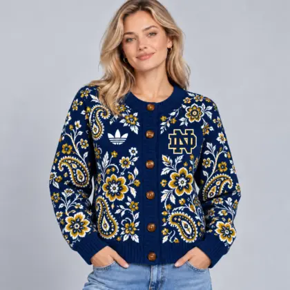 Notre Dame Fighting Irish | Premium NCAA Women's Classic Paisley Floral Jacquard Button Up Knit Cardigan Sweater NDN