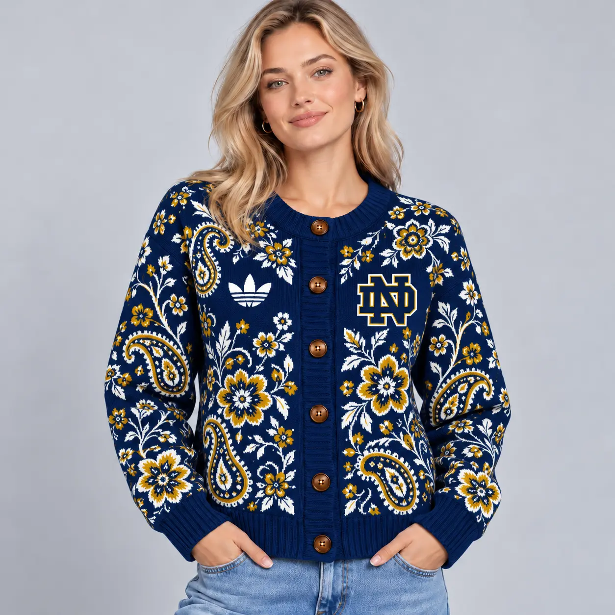 Notre Dame Fighting Irish | Premium NCAA Women's Classic Paisley Floral Jacquard Button Up Knit Cardigan Sweater NDN