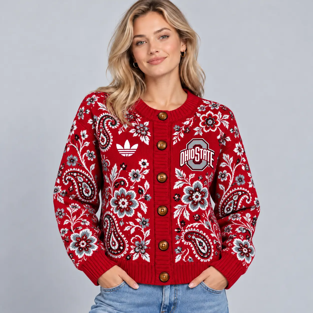 Ohio State Buckeyes | Premium NCAA Women's Classic Paisley Floral Jacquard Button Up Knit Cardigan Sweater NDN