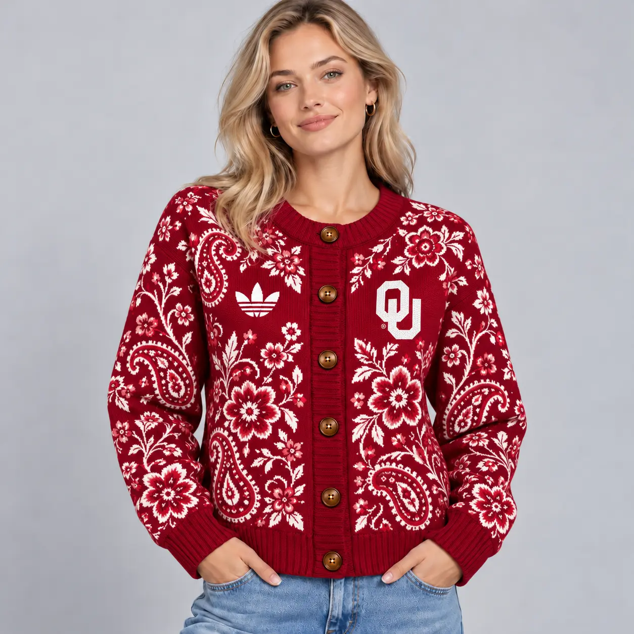 Oklahoma Sooners | Premium NCAA Women's Classic Paisley Floral Jacquard Button Up Knit Cardigan Sweater NDN