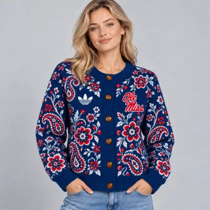 Ole Miss Rebels | Premium NCAA Women's Classic Paisley Floral Jacquard Button Up Knit Cardigan Sweater NDN