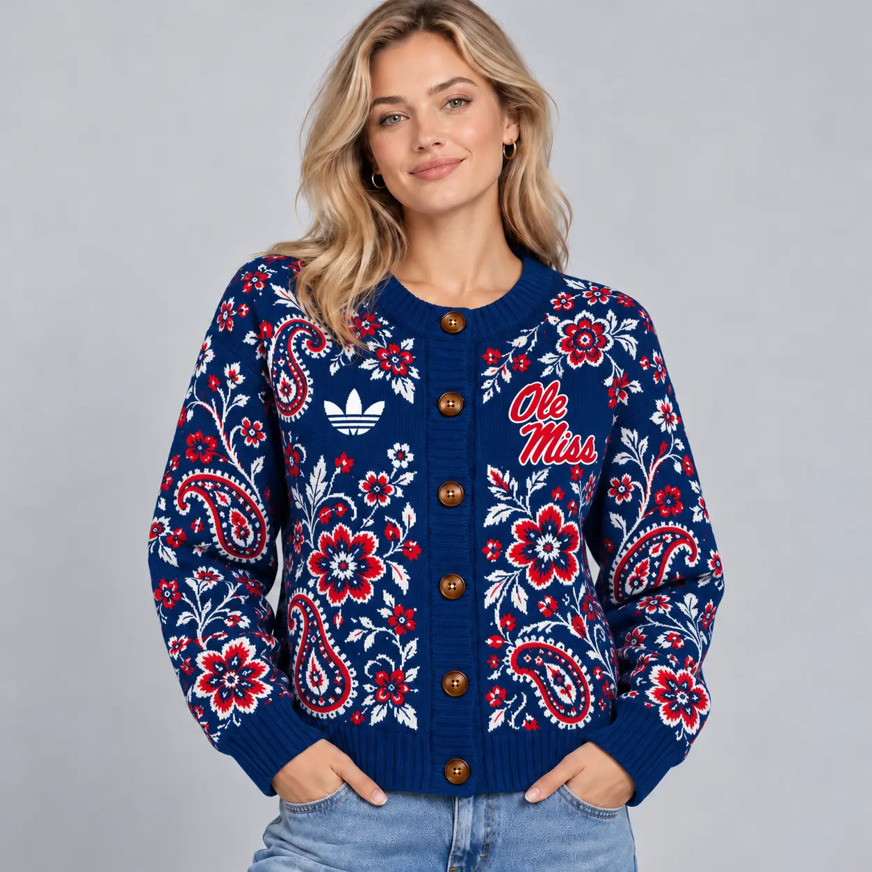 Ole Miss Rebels | Premium NCAA Women's Classic Paisley Floral Jacquard Button Up Knit Cardigan Sweater NDN