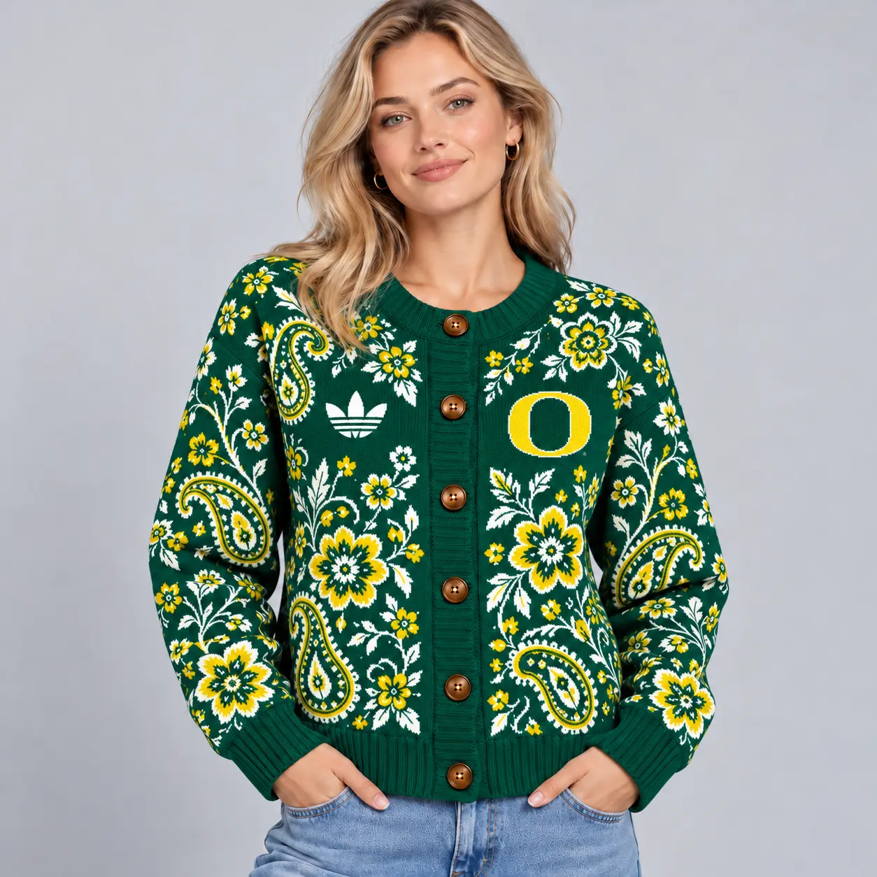 Oregon Ducks | Premium NCAA Women's Classic Paisley Floral Jacquard Button Up Knit Cardigan Sweater NDN