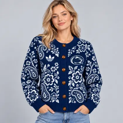 Penn State Nittany Lions | Premium NCAA Women's Classic Paisley Floral Jacquard Button Up Knit Cardigan Sweater NDN
