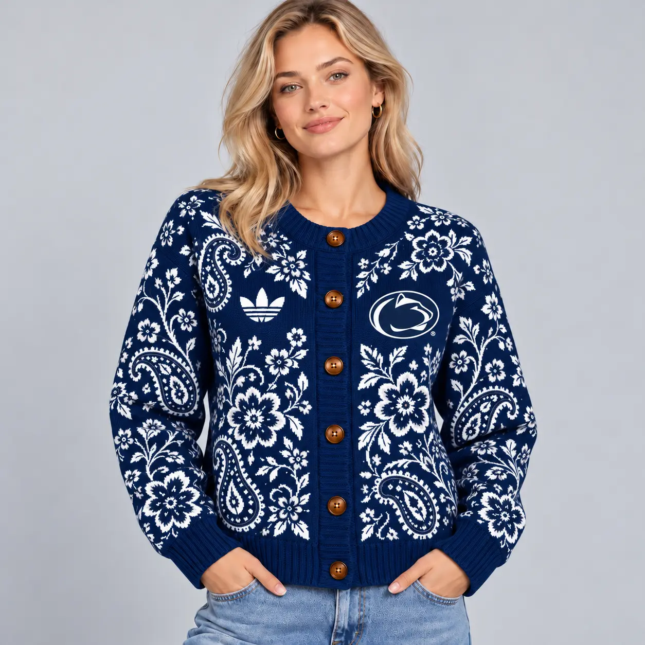 Penn State Nittany Lions | Premium NCAA Women's Classic Paisley Floral Jacquard Button Up Knit Cardigan Sweater NDN