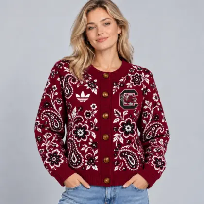 South Carolina Gamecocks | Premium NCAA Women's Classic Paisley Floral Jacquard Button Up Knit Cardigan Sweater NDN