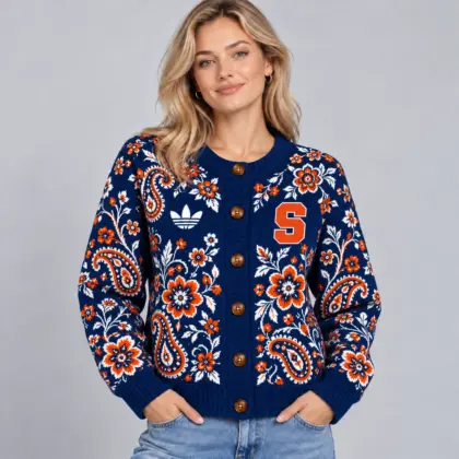 Syracuse Orange | Premium NCAA Women's Classic Paisley Floral Jacquard Button Up Knit Cardigan Sweater NDN