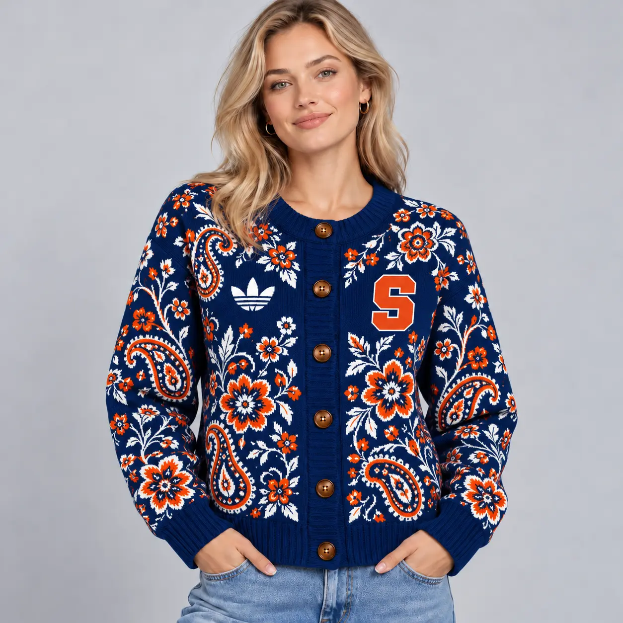 Syracuse Orange | Premium NCAA Women's Classic Paisley Floral Jacquard Button Up Knit Cardigan Sweater NDN