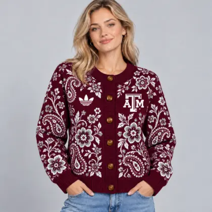 Texas A&amp;m Aggies | Premium NCAA Women's Classic Paisley Floral Jacquard Button Up Knit Cardigan Sweater NDN
