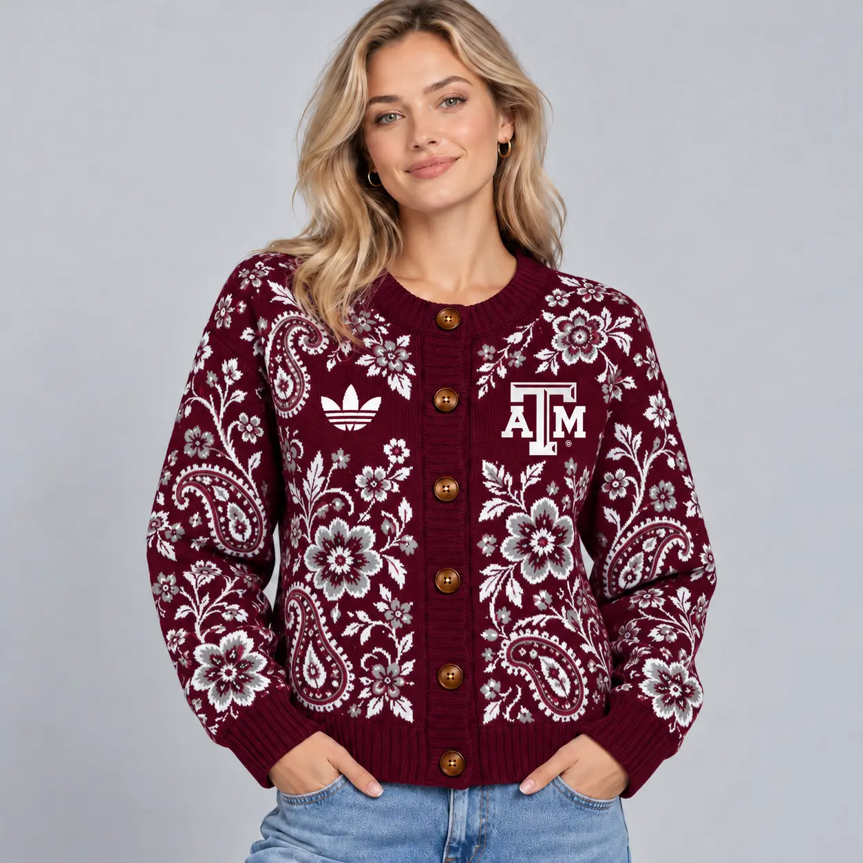 Texas A&m Aggies | Premium NCAA Women's Classic Paisley Floral Jacquard Button Up Knit Cardigan Sweater NDN
