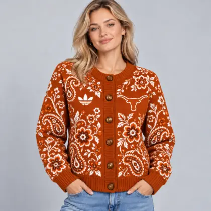 Texas Longhorns | Premium NCAA Women's Classic Paisley Floral Jacquard Button Up Knit Cardigan Sweater NDN