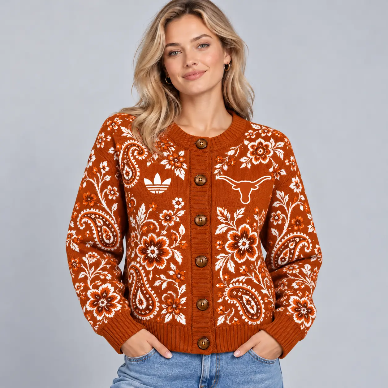 Texas Longhorns | Premium NCAA Women's Classic Paisley Floral Jacquard Button Up Knit Cardigan Sweater NDN