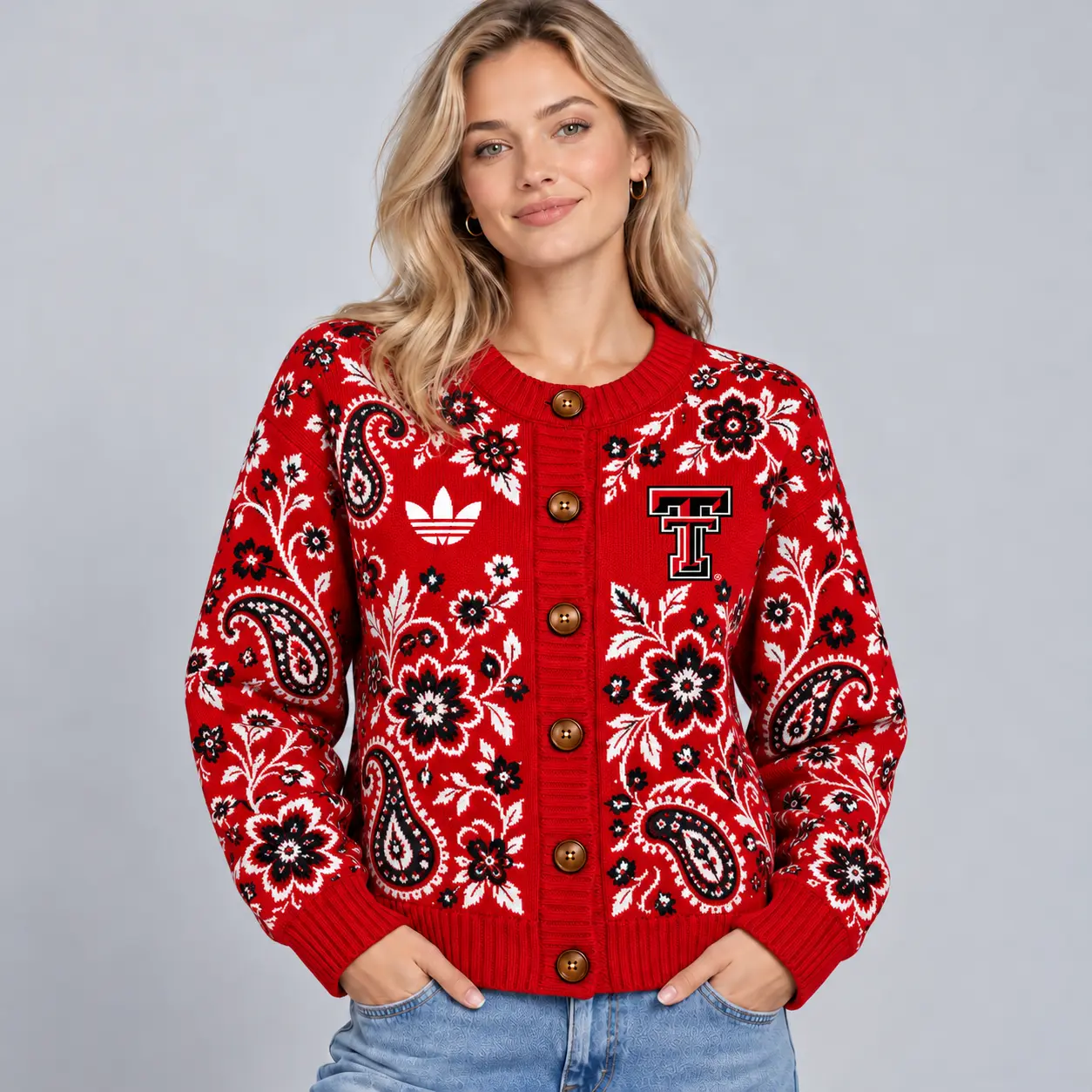 Texas Tech Red Raiders | Premium NCAA Women's Classic Paisley Floral Jacquard Button Up Knit Cardigan Sweater NDN