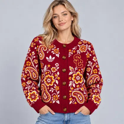 Usc Trojans | Premium NCAA Women's Classic Paisley Floral Jacquard Button Up Knit Cardigan Sweater NDN