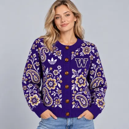 Washington Huskies | Premium NCAA Women's Classic Paisley Floral Jacquard Button Up Knit Cardigan Sweater NDN