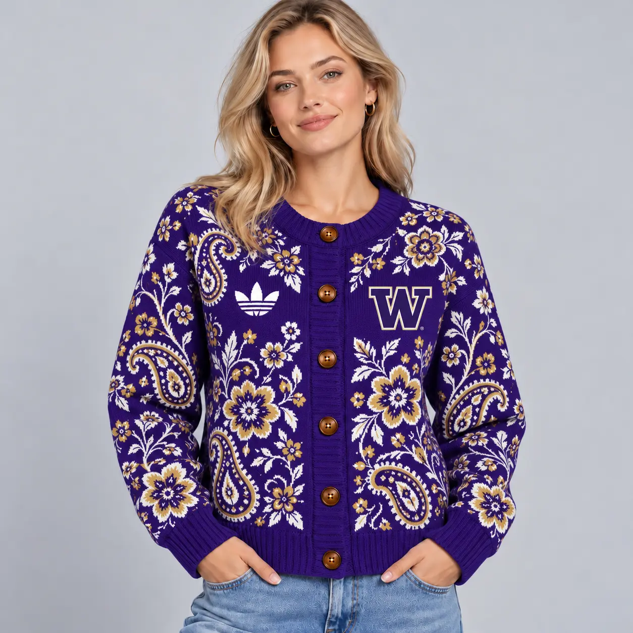 Washington Huskies | Premium NCAA Women's Classic Paisley Floral Jacquard Button Up Knit Cardigan Sweater NDN