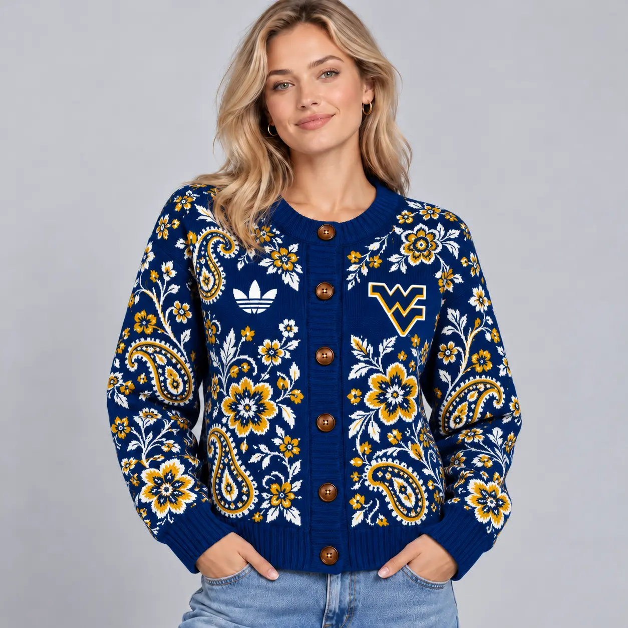 West Virginia Mountaineers | Premium NCAA Women's Classic Paisley Floral Jacquard Button Up Knit Cardigan Sweater NDN