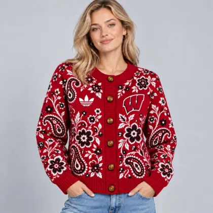 Wisconsin Badgers | Premium NCAA Women's Classic Paisley Floral Jacquard Button Up Knit Cardigan Sweater NDN