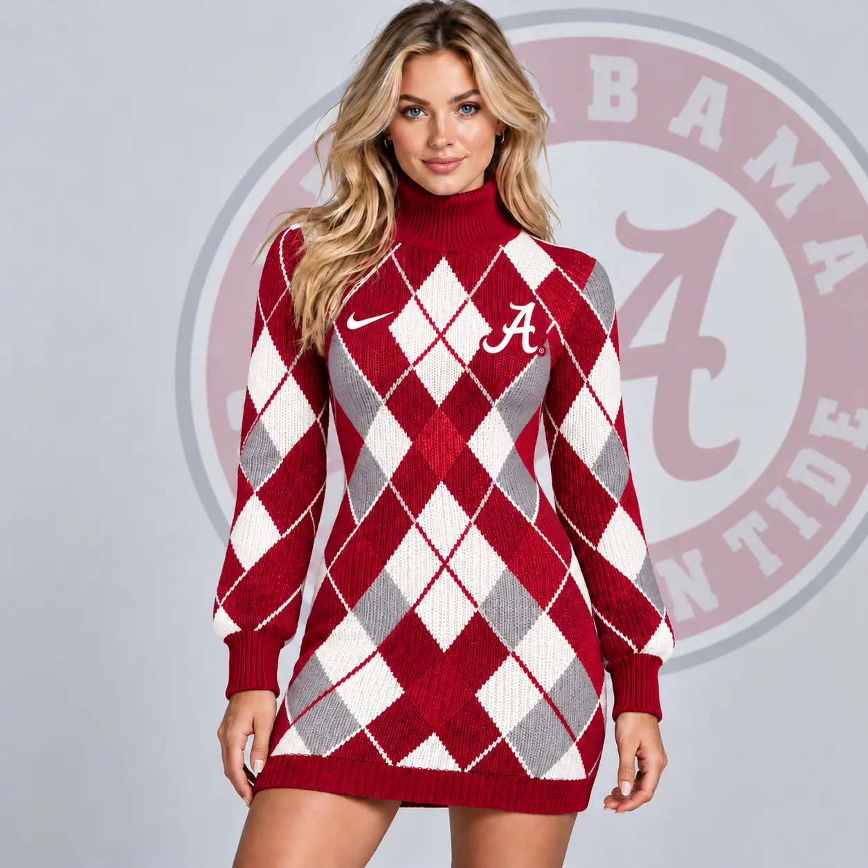 Alabama Crimson Tide | Premium NCAA Women's Classic Argyle Diamond Pattern Turtleneck Long Sleeve Knit Sweater Mini Dress NDN