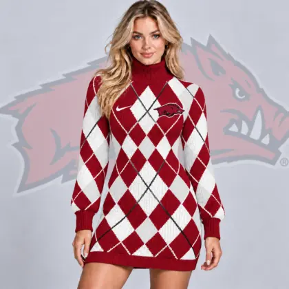Arkansas Razorbacks | Premium NCAA Women's Classic Argyle Diamond Pattern Turtleneck Long Sleeve Knit Sweater Mini Dress NDN