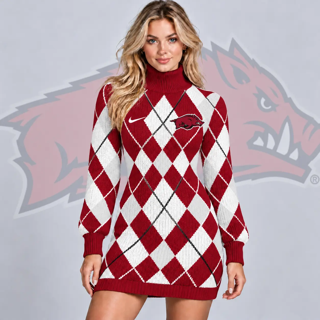 Arkansas Razorbacks | Premium NCAA Women's Classic Argyle Diamond Pattern Turtleneck Long Sleeve Knit Sweater Mini Dress NDN
