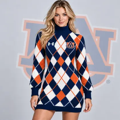 Auburn Tigers | Premium NCAA Women's Classic Argyle Diamond Pattern Turtleneck Long Sleeve Knit Sweater Mini Dress NDN