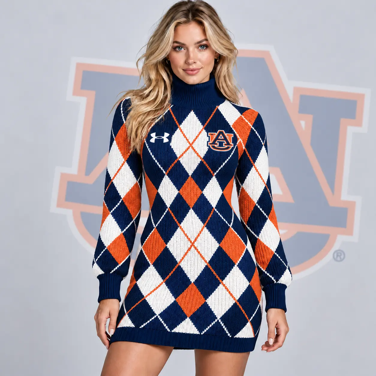 Auburn Tigers | Premium NCAA Women's Classic Argyle Diamond Pattern Turtleneck Long Sleeve Knit Sweater Mini Dress NDN