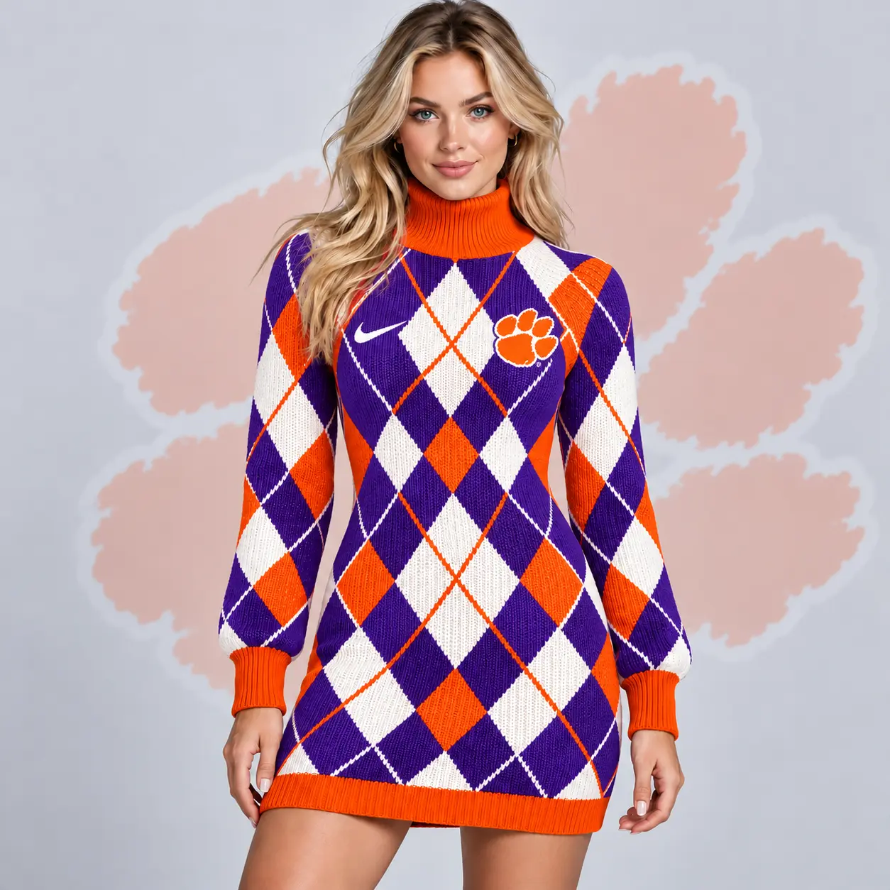 Clemson Tigers | Premium NCAA Women's Classic Argyle Diamond Pattern Turtleneck Long Sleeve Knit Sweater Mini Dress NDN
