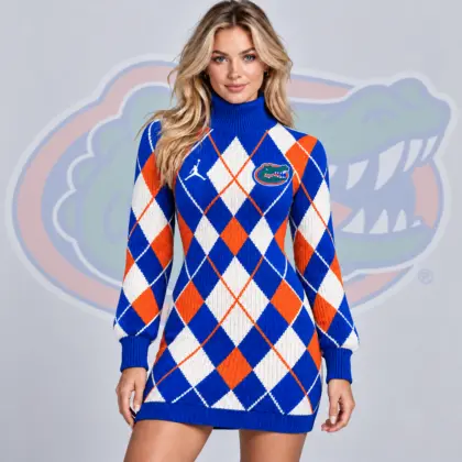 Florida Gators | Premium NCAA Women's Classic Argyle Diamond Pattern Turtleneck Long Sleeve Knit Sweater Mini Dress NDN