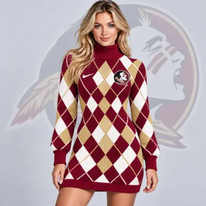 Florida State Seminoles | Premium NCAA Women's Classic Argyle Diamond Pattern Turtleneck Long Sleeve Knit Sweater Mini Dress NDN