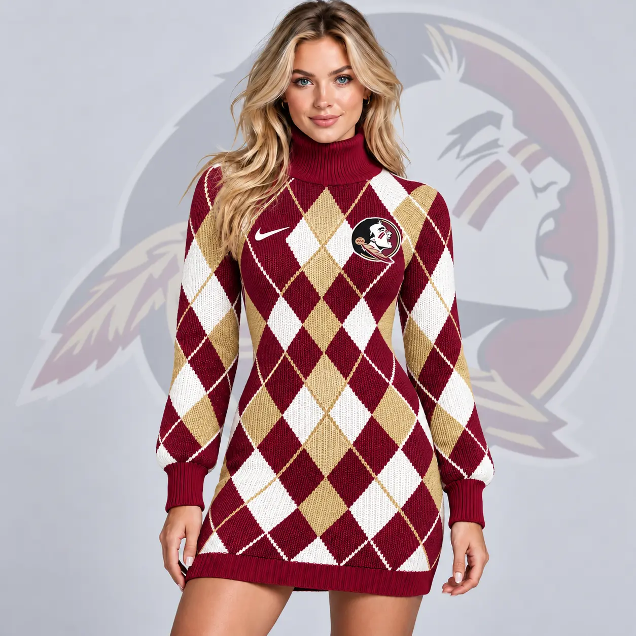 Florida State Seminoles | Premium NCAA Women's Classic Argyle Diamond Pattern Turtleneck Long Sleeve Knit Sweater Mini Dress NDN