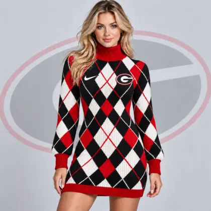 Georgia Bulldogs | Premium NCAA Women's Classic Argyle Diamond Pattern Turtleneck Long Sleeve Knit Sweater Mini Dress NDN