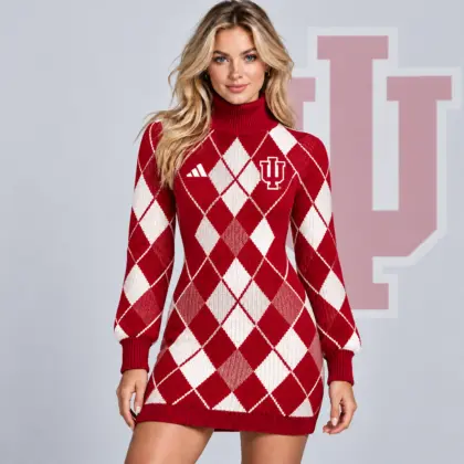 Indiana Hoosiers | Premium NCAA Women's Classic Argyle Diamond Pattern Turtleneck Long Sleeve Knit Sweater Mini Dress NDN