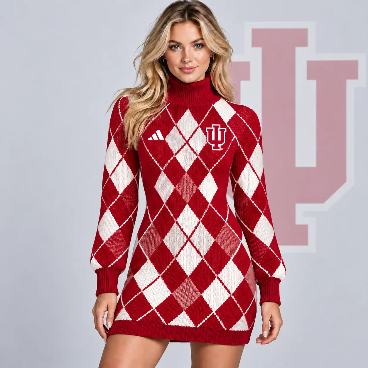 Indiana Hoosiers | Premium NCAA Women's Classic Argyle Diamond Pattern Turtleneck Long Sleeve Knit Sweater Mini Dress NDN