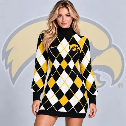 Iowa Hawkeyes | Premium NCAA Women's Classic Argyle Diamond Pattern Turtleneck Long Sleeve Knit Sweater Mini Dress NDN
