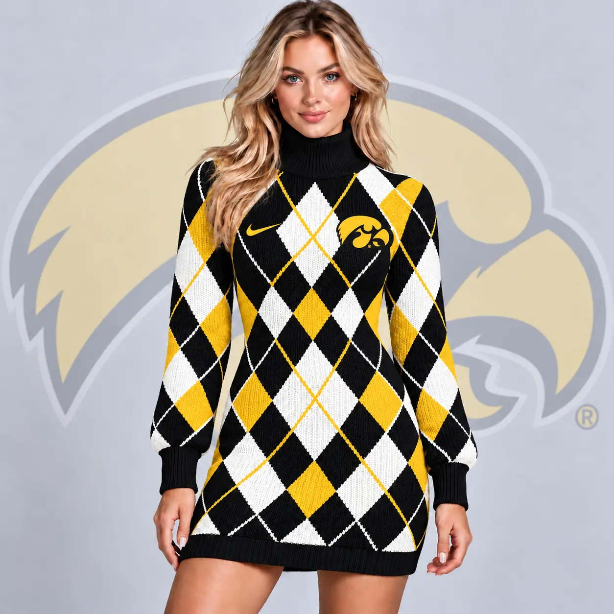 Iowa Hawkeyes | Premium NCAA Women's Classic Argyle Diamond Pattern Turtleneck Long Sleeve Knit Sweater Mini Dress NDN