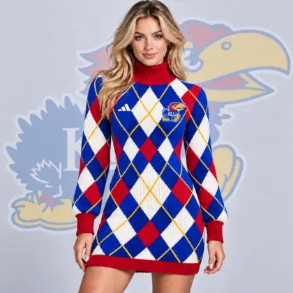 Kansas Jayhawks | Premium NCAA Women's Classic Argyle Diamond Pattern Turtleneck Long Sleeve Knit Sweater Mini Dress NDN