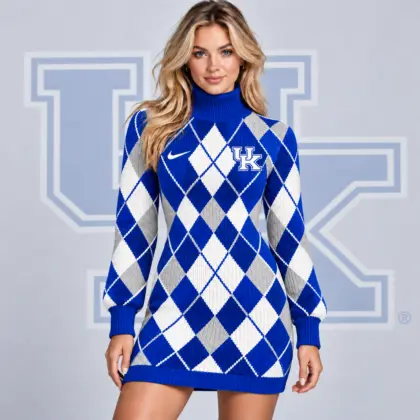 Kentucky Wildcats | Premium NCAA Women's Classic Argyle Diamond Pattern Turtleneck Long Sleeve Knit Sweater Mini Dress NDN