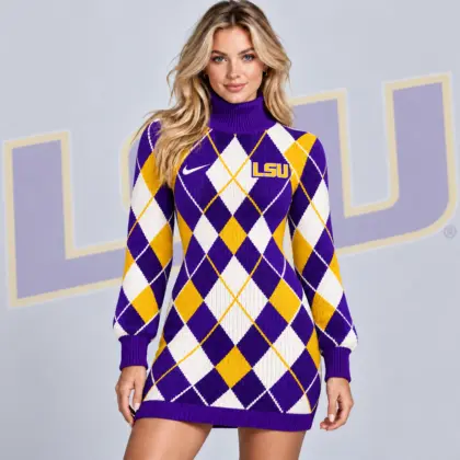 Lsu Tigers | Premium NCAA Women's Classic Argyle Diamond Pattern Turtleneck Long Sleeve Knit Sweater Mini Dress NDN