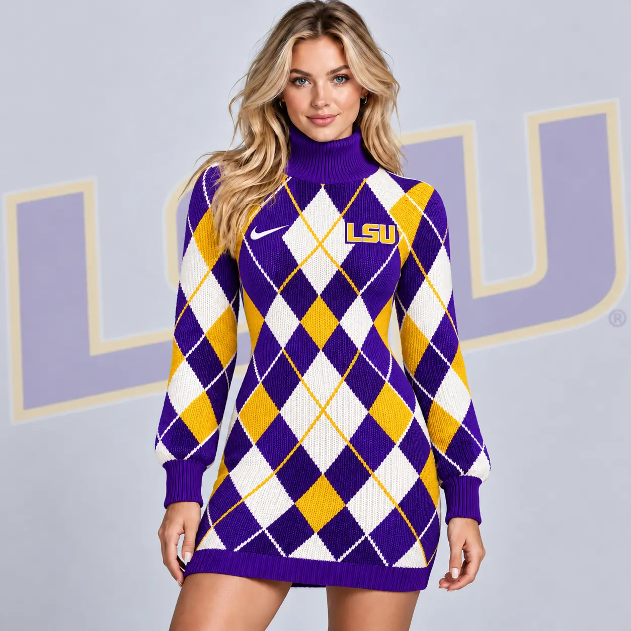 Lsu Tigers | Premium NCAA Women's Classic Argyle Diamond Pattern Turtleneck Long Sleeve Knit Sweater Mini Dress NDN