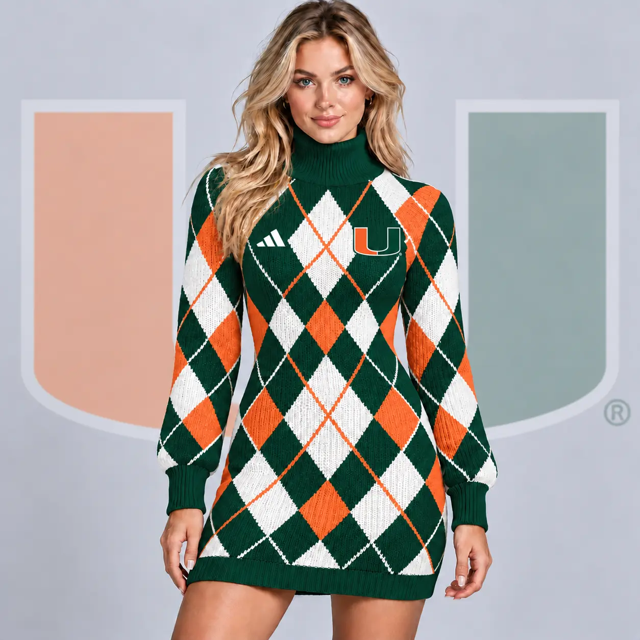 Miami Hurricanes | Premium NCAA Women's Classic Argyle Diamond Pattern Turtleneck Long Sleeve Knit Sweater Mini Dress NDN