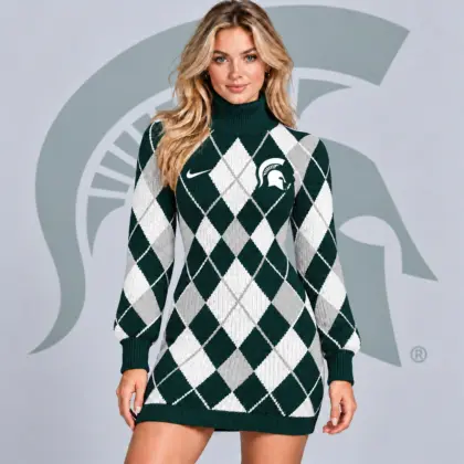 Michigan State Spartans | Premium NCAA Women's Classic Argyle Diamond Pattern Turtleneck Long Sleeve Knit Sweater Mini Dress NDN